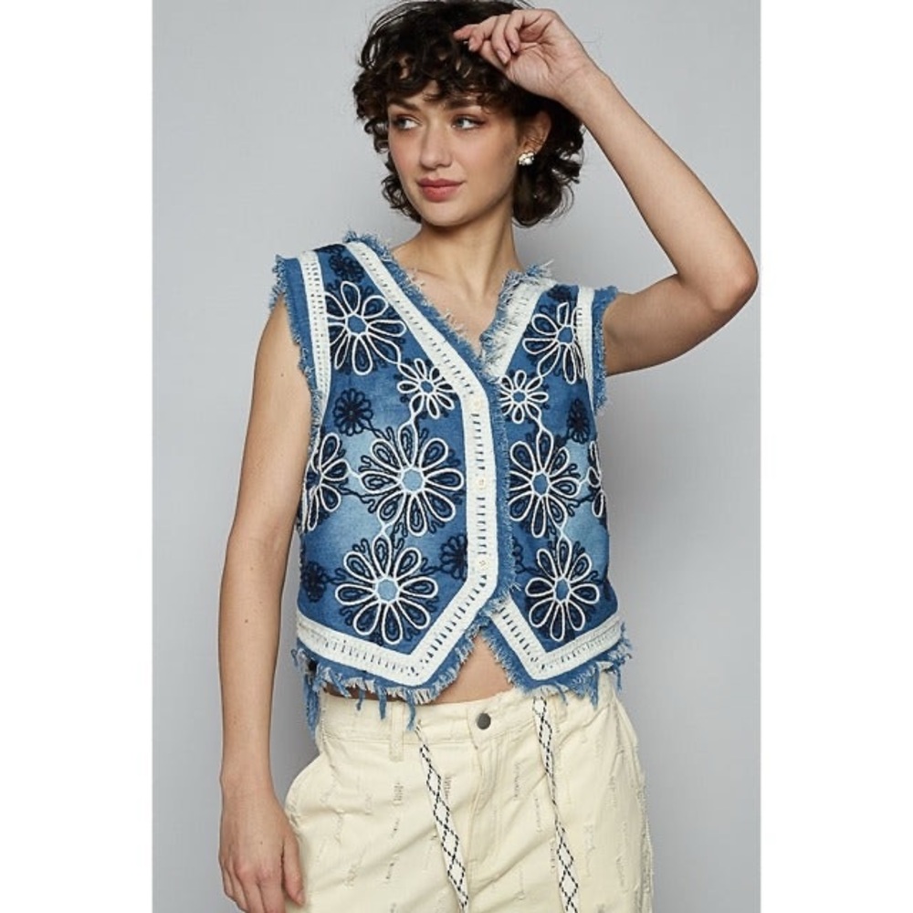 Crochet Floral V-Neck Denim Vest - POL